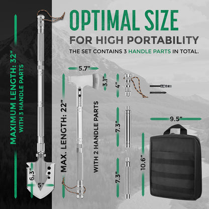 PATHWAY NORTH Survival Shovel and Camping Axe – Stainless Steel Tactical Survival Multi-Tool and Survival Hatchet Equipment for Outdoor Hiking Camping Gear, Hunting, Backpacking Emergency Kit(Silver)