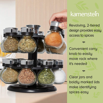 Kamenstein 16 Jar Ellington Revolving Countertop Spice Rack with Lift & Pour Caps and Spices Included, FREE Spice Refills for 5 Years: Black and Chrome