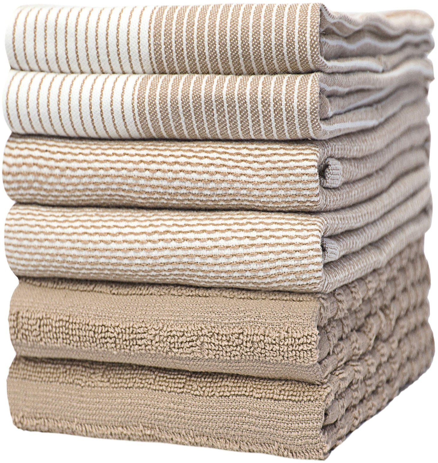 Premium Kitchen Towels (20”x 28”, 6 Pack) | Large Cotton Kitchen Hand Towels | Flat & Terry Dish Towel | Highly Absorbent Tea Towels Set with Hanging Loop | Tan