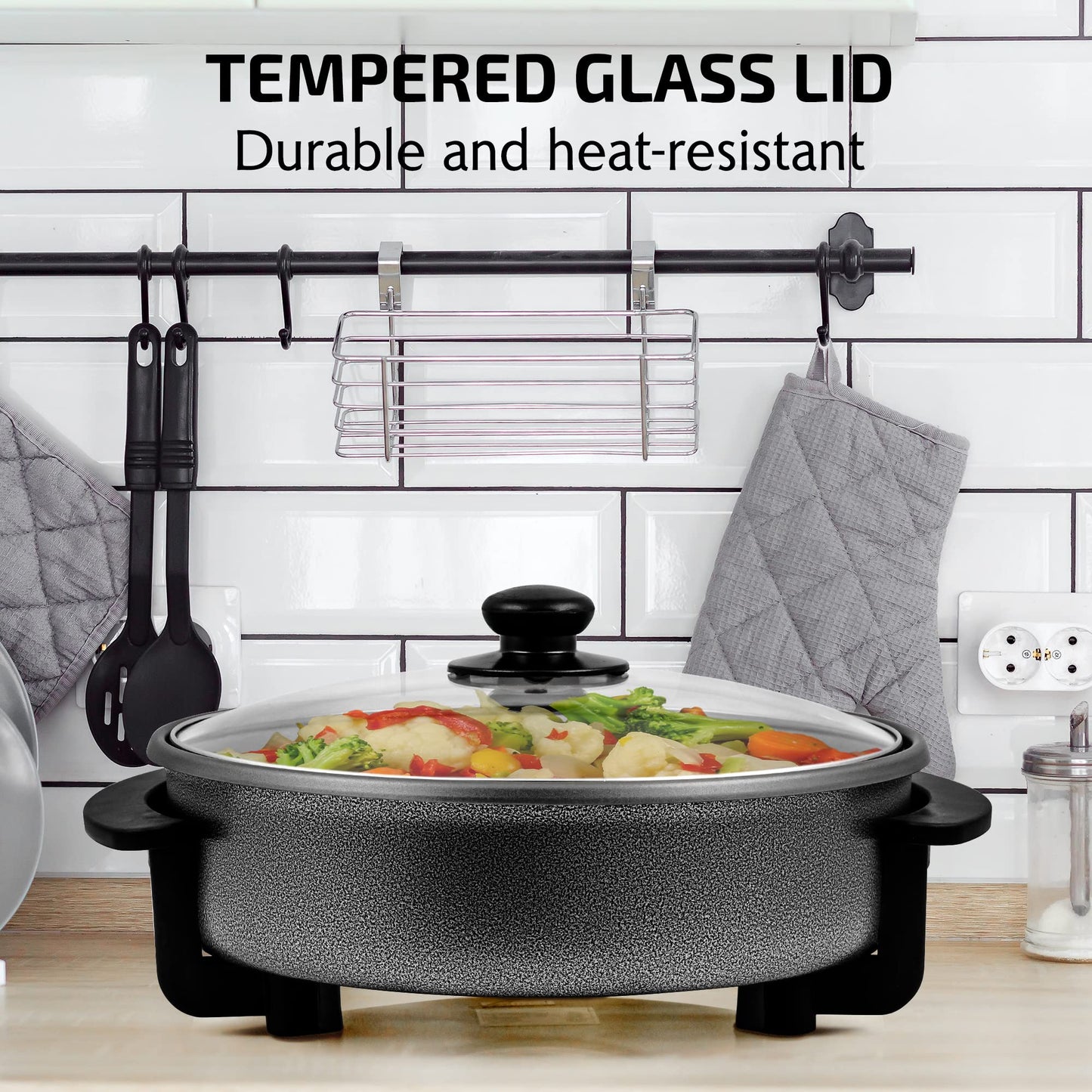 OVENTE 12 Inch Electric Skillet and Frying Pan with Nonstick Coating, 1400W Power, Adjustable Temperature Control, Tempered Glass Lid with Vent and Cool Touch Handles, Black SK11112B