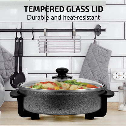 OVENTE 12 Inch Electric Skillet and Frying Pan with Nonstick Coating, 1400W Power, Adjustable Temperature Control, Tempered Glass Lid with Vent and Cool Touch Handles, Black SK11112B
