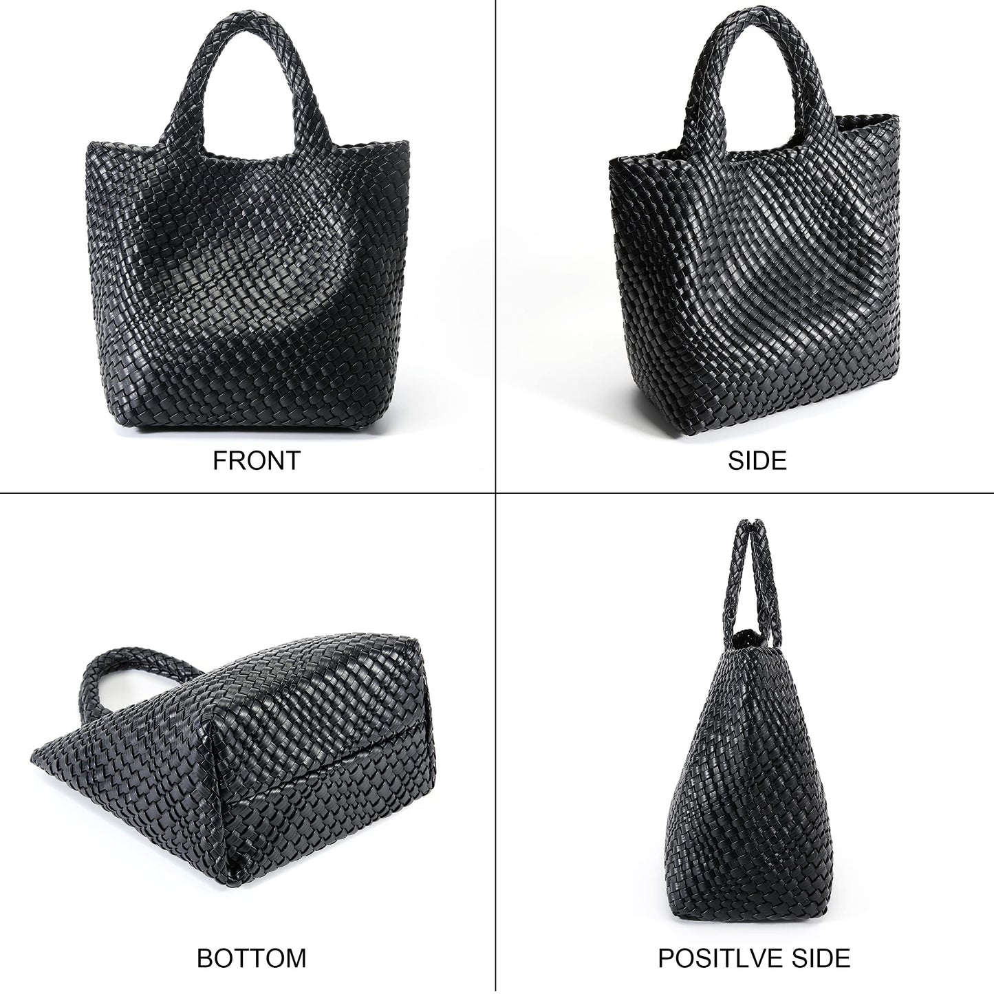 Queenoris Woven Bag for Women, Vegan Leather Tote Bag Large Summer Beach Travel Handbag and Purse Retro Handmade Shoulder Bag (Black)