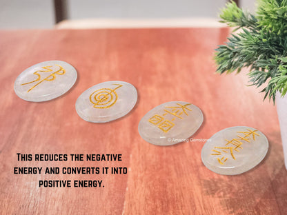 Amazing Gemstone Rose Quartz Crystal Reiki Stones with Engraved Symbols for Usui Reiki Healing, Set of 4 Pcs (Indian Handmade Reiki Gift Set)