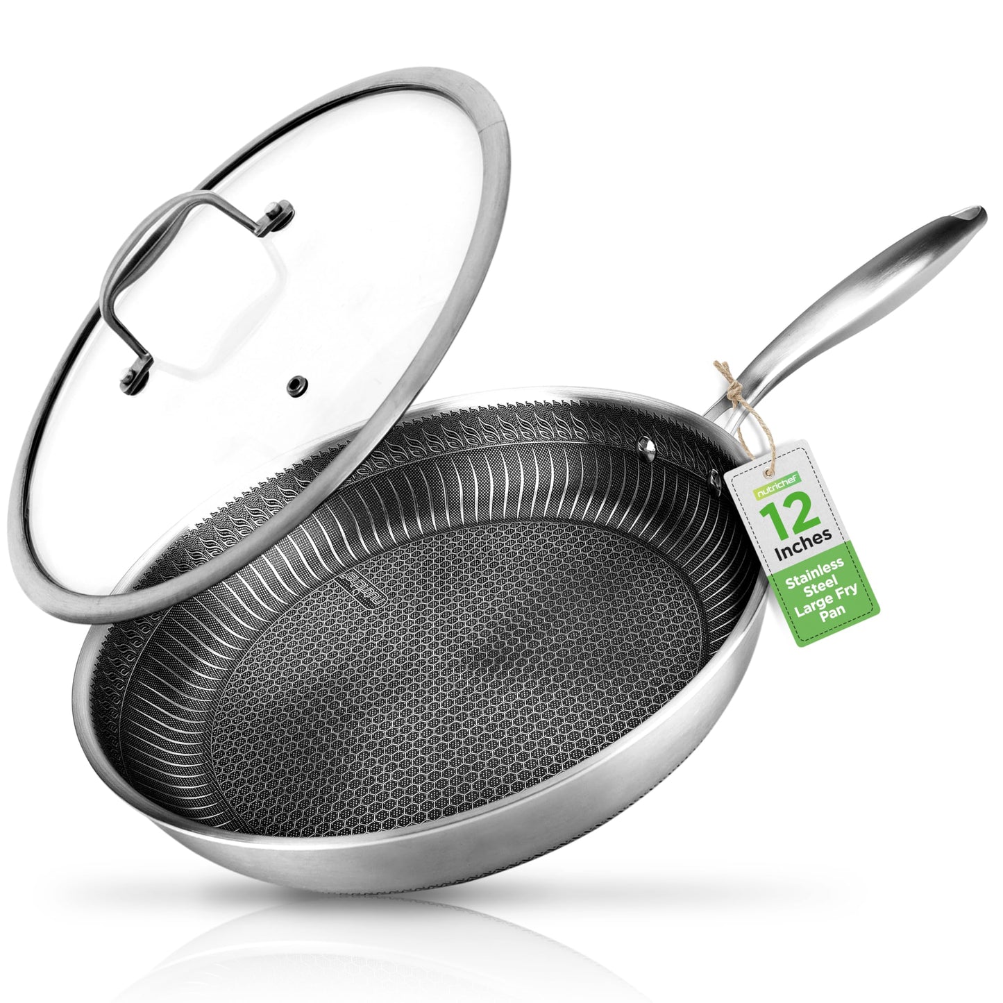 NutriChef 12" Stainless Steel Frying Pan - Triply Hybrid Skillet w/DAKIN Etching Non-Stick Coating, Scratch-resistant Raised-up Honeycomb Fire Textured Pattern, NC3PL12