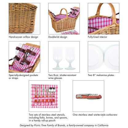 PICNIC TIME Piccadilly Picnic Basket, Romantic Picnic Basket for 2 - Includes Utensil Set, Glasses, Plates, and Wine Opener, (Red & White Plaid Pattern)