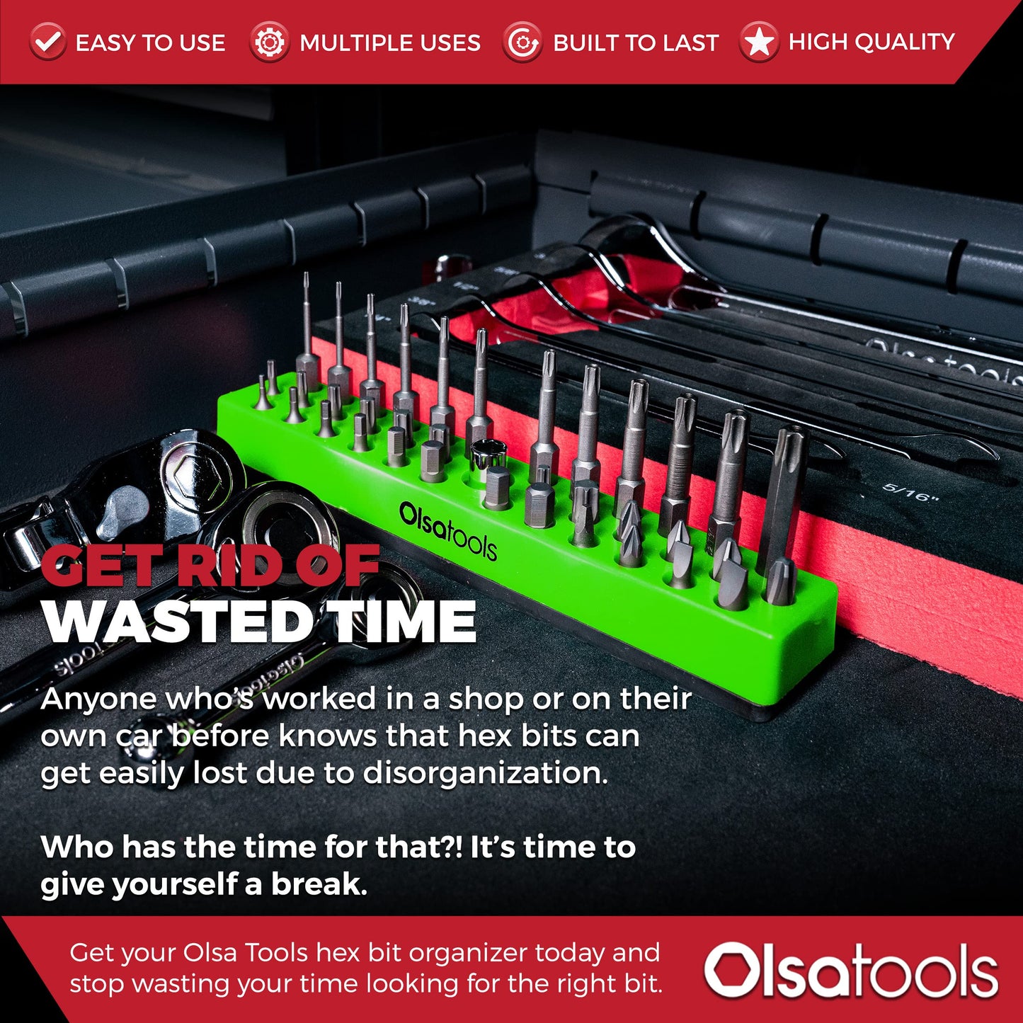 Olsa Tools Hex Bit Organizer with Magnetic Base - Green Holder for Drill, Tamper, and Specialty Bits - Compact Magnetic Storage Solution - Part 1140