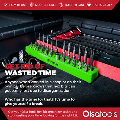 Olsa Tools Hex Bit Organizer with Magnetic Base - Green Holder for Drill, Tamper, and Specialty Bits - Compact Magnetic Storage Solution - Part 1140