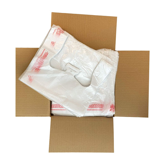 KingSeal HDPE Handled T-Shirt Bags, Opaque White with Warning, 11.5" x 6.5" x 21", 13 Micron Thickness, 1/6 BBL - 1 Case of 650 Disposable, Expandable, Gusseted, Flat Bottom Bags