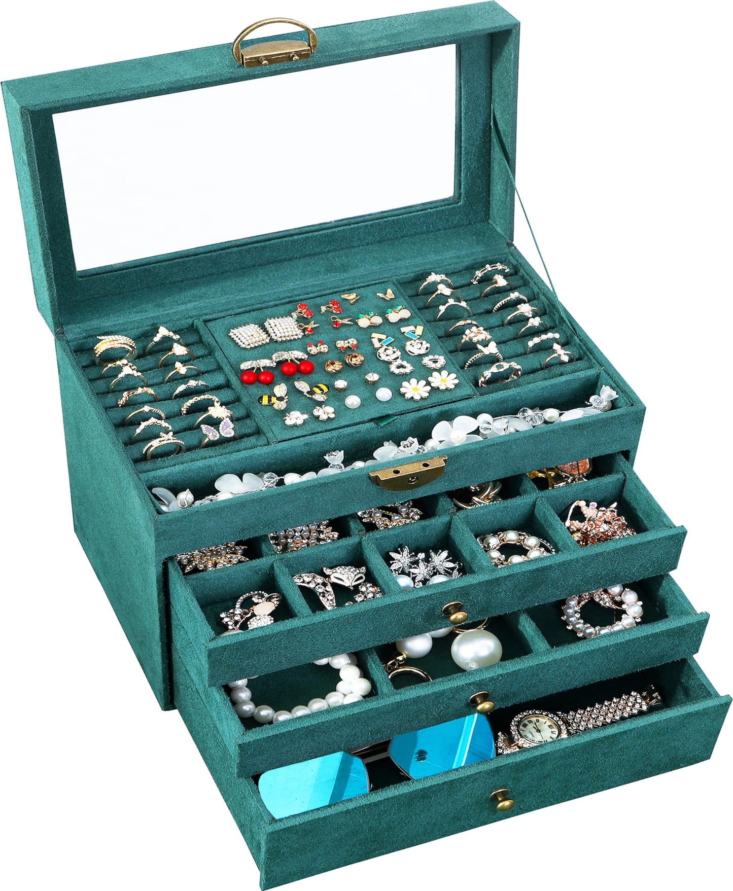 QBestry Large Jewelry Box for Women with Lock,4 Layer Glass Lid Jewelry Organizer with Drawers,Green Velvet Jewelry Storage Organizer Box for Bracelet Ring and Earring Jewelry Box with Sunglass Holder