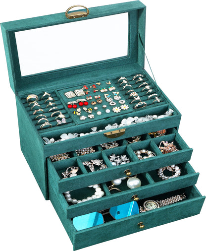 QBestry Large Jewelry Box for Women with Lock,4 Layer Glass Lid Jewelry Organizer with Drawers,Green Velvet Jewelry Storage Organizer Box for Bracelet Ring and Earring Jewelry Box with Sunglass Holder