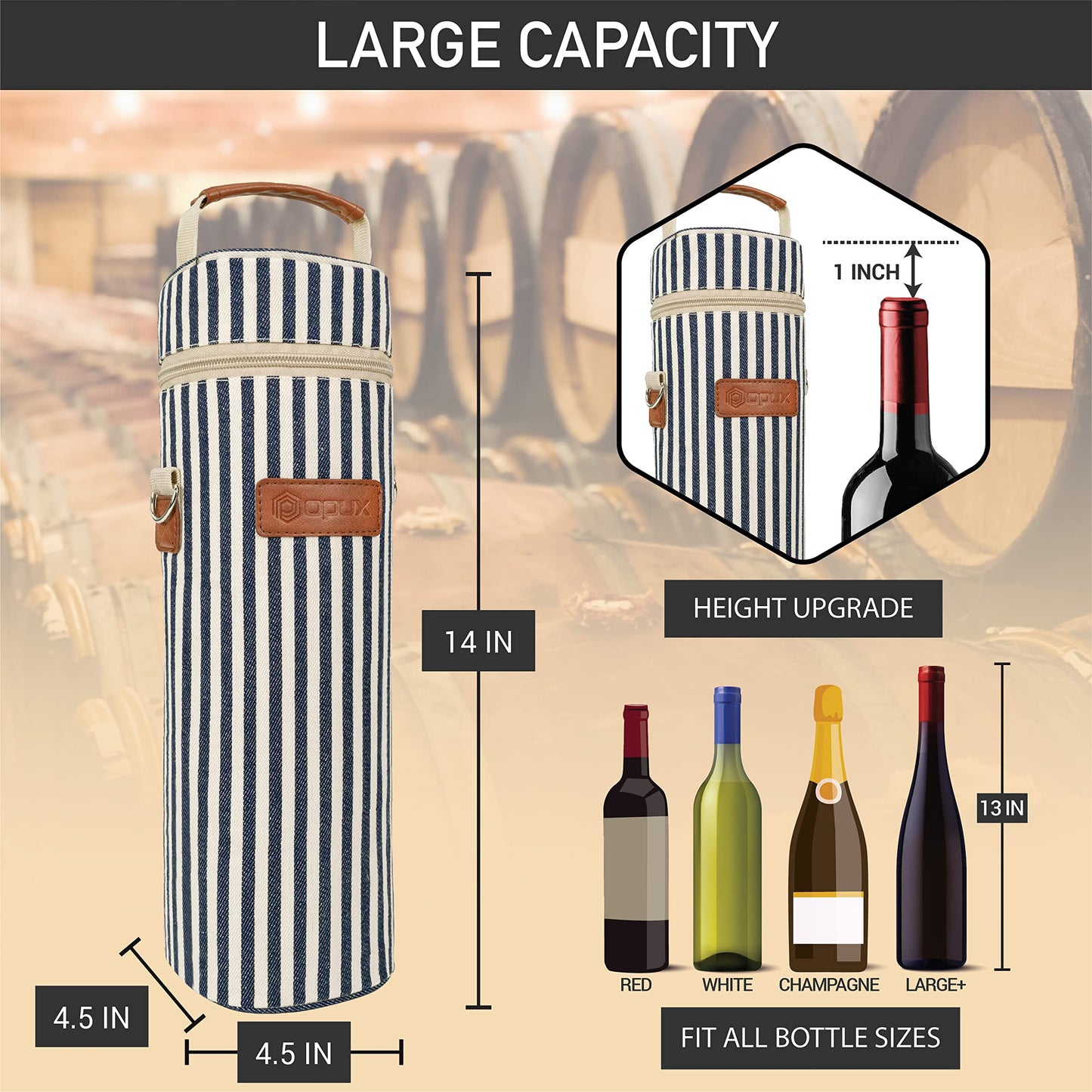 opux Wine Bag Single Bottle Carrier Tote, Insulated Wine Cooler Bag for Travel Picnic Beach with Shoulder Strap, Thermal One Bottle Holder Carrying Case Gift for Women Men, Navy White Stripes