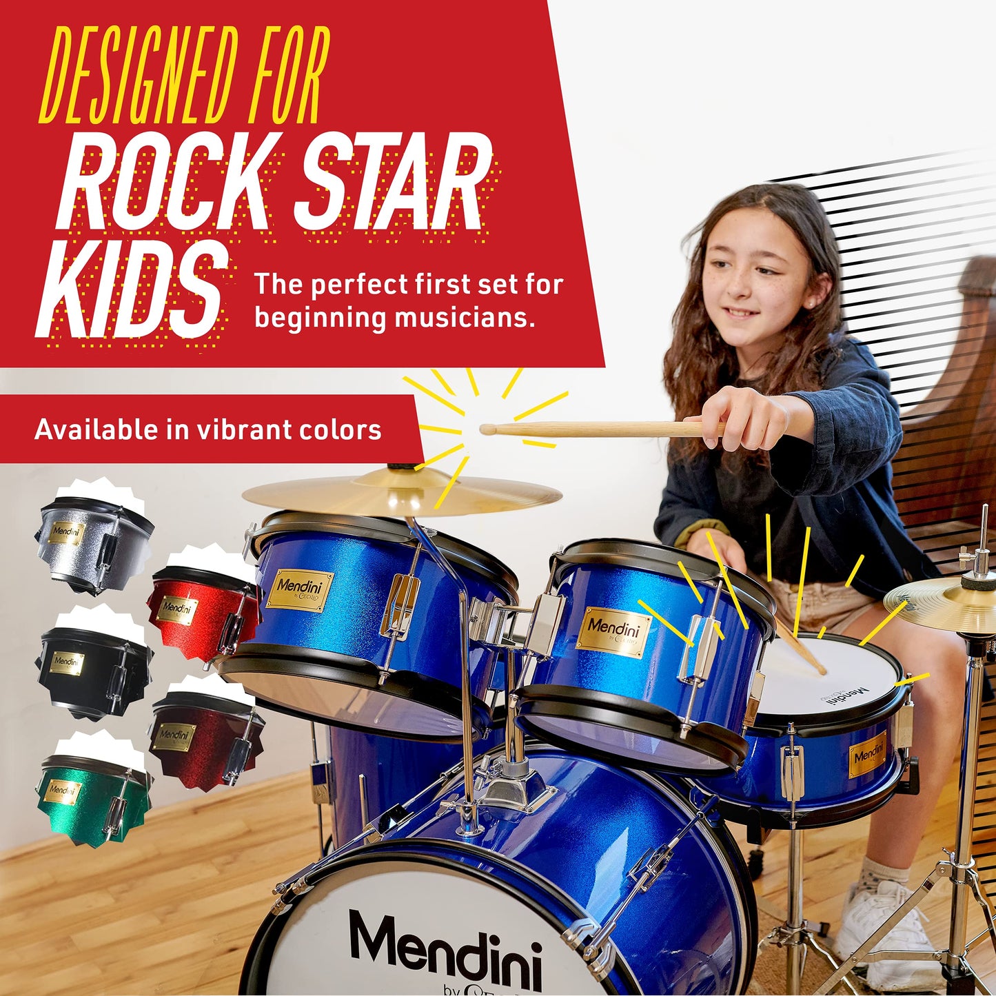 Mendini by Cecilio Kids Drum Set, 5 Piece 16 Inch Junior Drums Kit with Bass, Toms, Snare Drum, Cymbal, Hi-Hat, Drumsticks & Seat for Beginner Student (Metallic Blue)