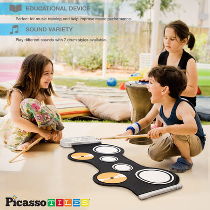 PicassoTiles Portable Roll-Up Electronic Drum Set for Kids 7 Drum Pads with Built-in Speaker Headphone Jack Recording Function Educational Demo Songs Fun Musical Toy for Boys and Girls Ages 3+ PT50