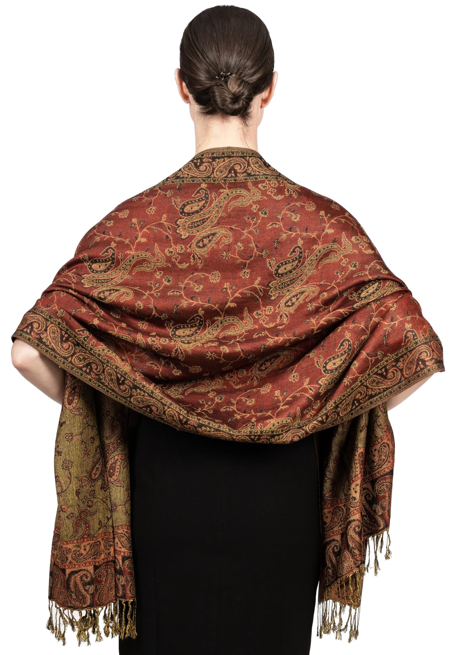 Achillea Soft Silky Reversible Paisley Pashmina Shawl Wrap Scarf w/Fringes (Rust Red)
