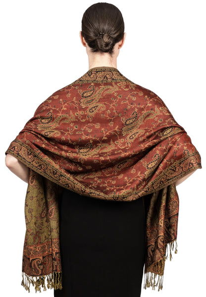 Achillea Soft Silky Reversible Paisley Pashmina Shawl Wrap Scarf w/Fringes (Rust Red)