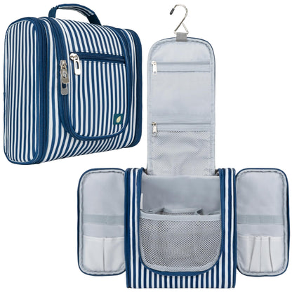 PAVILIA Toiletry Bag Travel Bag for Women Men, Hanging Cosmetic Organizer, Water Resistant Makeup Bag for Accessories Toiletries, Large Travel Essentials Kit (Stripe Navy)