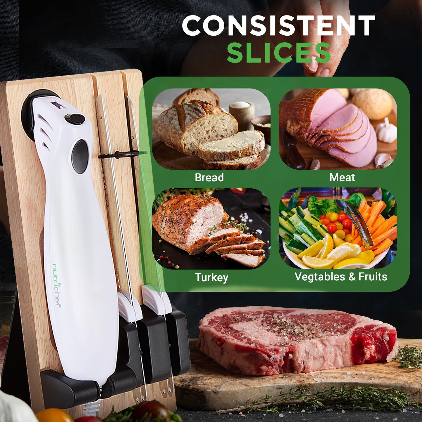 NutriChef Electric Carving Turkey Slicer Kitchen Knife | For Thanksgiving | Portable Electrical Food Cutter Knife Set with Carving Blades & Wood Carving Stand | Cuts Meat, Bread, Cheese & Fruit