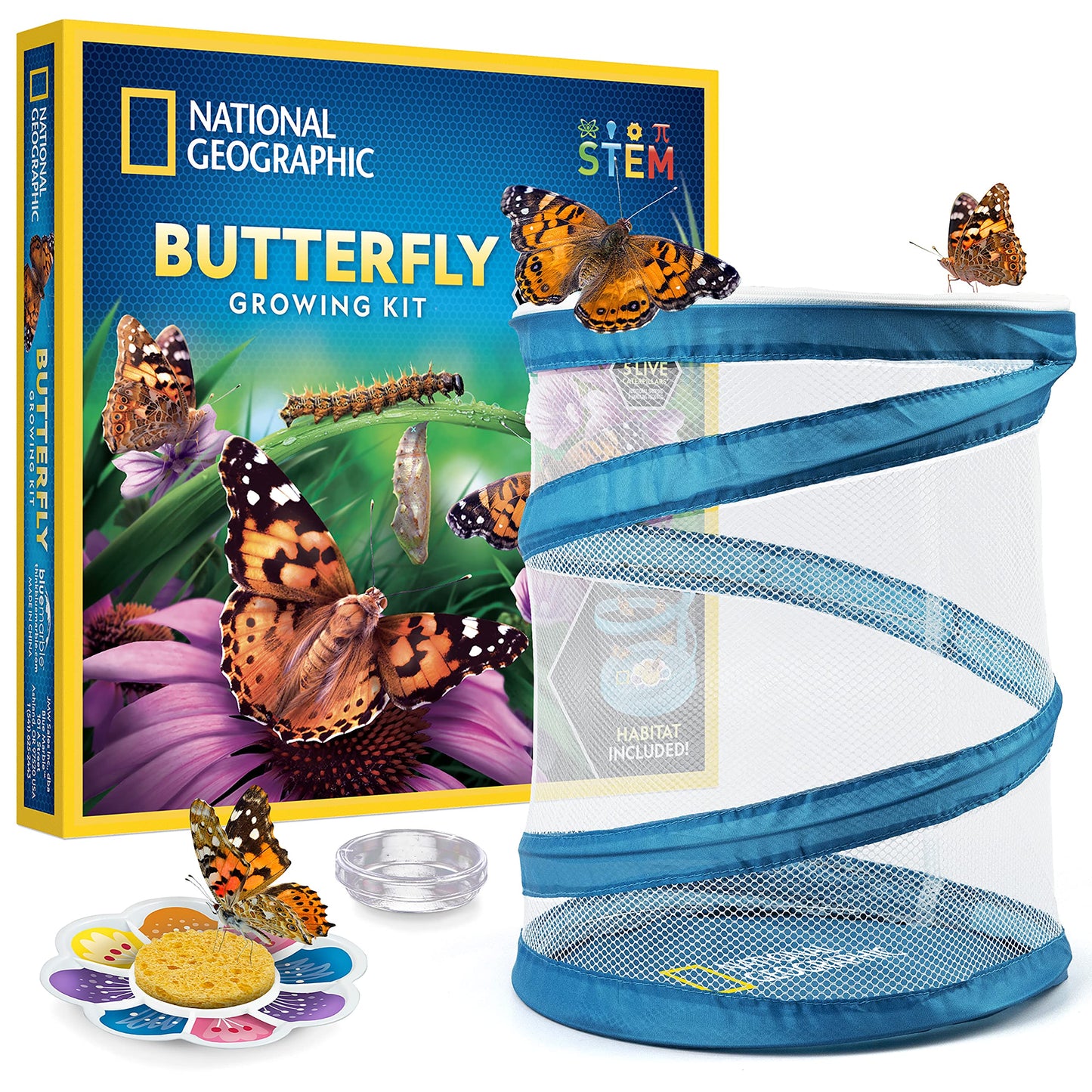 National Geographic Butterfly Growing Kit - Butterfly Habitat Kit with Voucher to Redeem 5 Caterpillars (S&H Not Included), Butterfly Cage, Feeder (Amazon Exclusive)