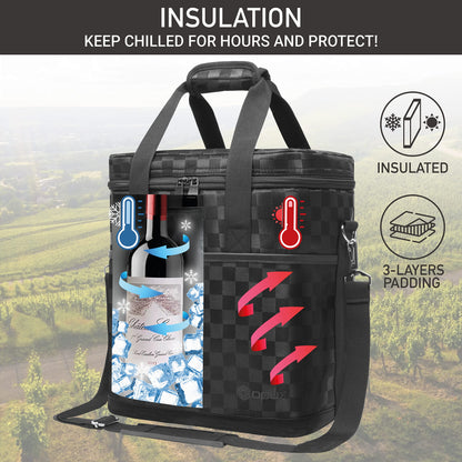 opux 6 Bottle Carrier Tote | Insulated Padded Wine Cooler Bag for Travel. Picnic, BYOB | Portable Leakproof Wine Tote Bag for Dinner, Party, Christmas, Wine Gift for Women, Men (Black Square)