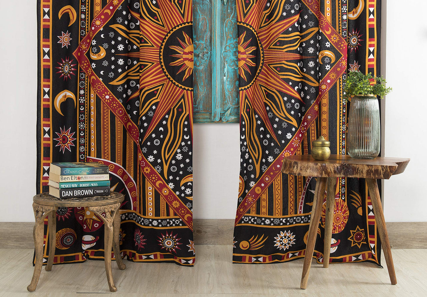 Popular Handicrafts Indian Burning Sun Hippie Mandala Window Curtains - Gypsy Bohemian Sun Moon Beautiful Drapery Bedroom Living Room Balcony Valance Panels Golden