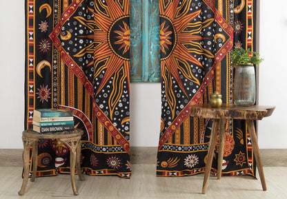 Popular Handicrafts Indian Burning Sun Hippie Mandala Window Curtains - Gypsy Bohemian Sun Moon Beautiful Drapery Bedroom Living Room Balcony Valance Panels Golden