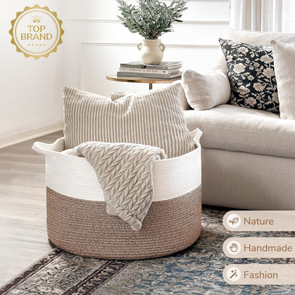 INDRESSME XXXLarge Cotton Rope Basket 21.7" x 21.7" x 13.8" Woven Baby Laundry Blanket Basket Toy Baskets with Handle Storage Comforter Cushions Thread Laundry Hamper Home Decor Living Room