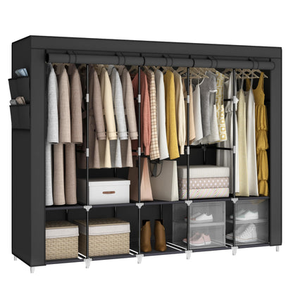 MOGELAFOO 83 Inch Wide Portable Closet Wardrobe, Clothes Storage Rack Organizer with Cover, Side Pockets, 5 Clothes Hanging Rods and 10 Storage Shelves, Black