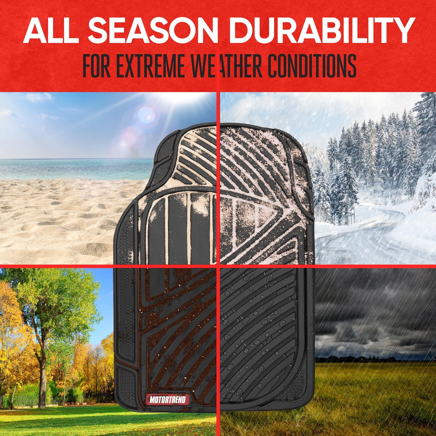 Motor Trend FlexTough Performance All Weather Rubber Car Floor Mats - 3 Piece Floor Mats Automotive Liners for Cars Truck SUV, Heavy-Duty Waterproof (Black)