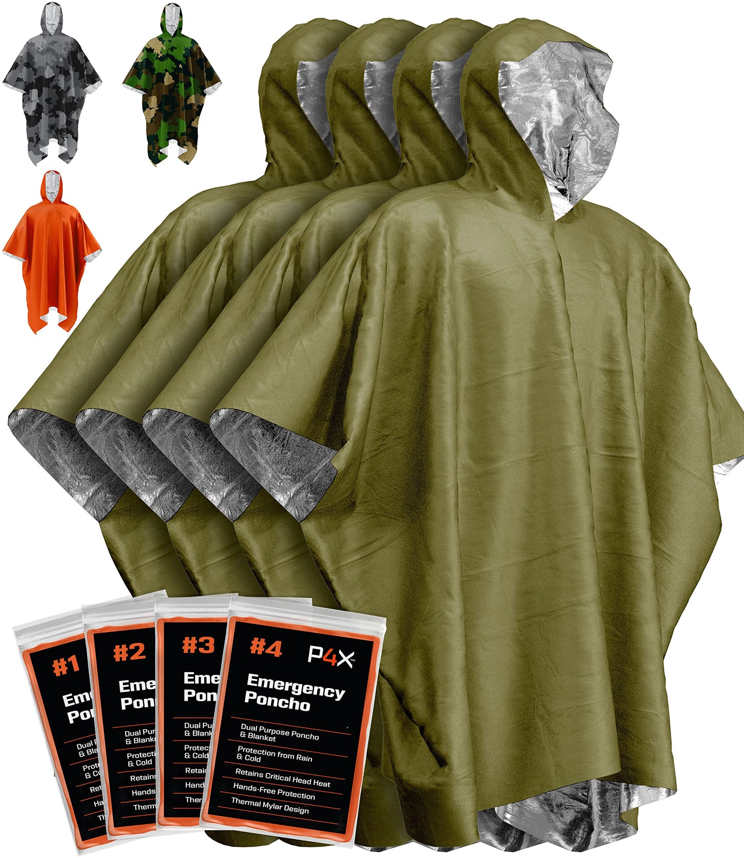 PREPARED4X Emergency Poncho with Mylar Blanket Liner – Heavy Duty, Waterproof, Wind-Resistant Green Rain Poncho for Outdoors, Camping, and Car Emergency Kits - Thermal Poncho - 4 Pack (Green)