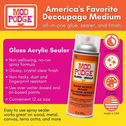 Mod Podge Spray Acrylic Sealer that is Specifically Formulated to Seal Craft Projects, Dries Crystal Clear is Non-Yellowing No-Run and Quick Drying, 12 ounce, Gloss