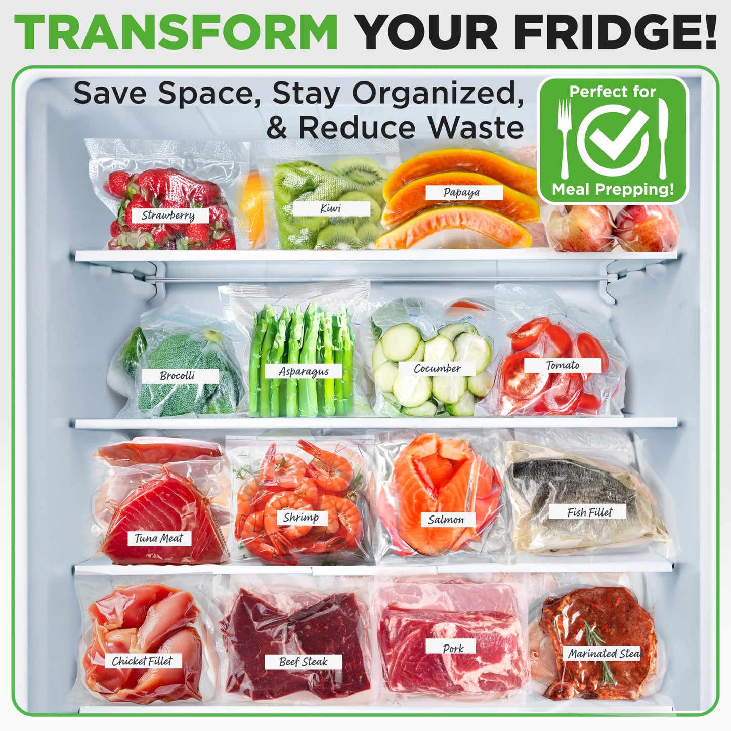 NutriChef Vacuum Sealer Bags - Universal Rolls for Custom Length Food Storage, Compatible with Most Sealers, Multi-Layered Design, Reusable, Microwave, Freezer & Sous Vide Safe, 2 Pack, 8”x10’ Each