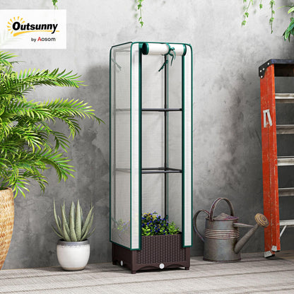 Outsunny Plastic Raised Garden Bed with Trellis, Outdoor Planter Box with PE Greenhouse Cover, Drainage Holes and Zipper Door for Climbing Plants, Herbs and Vegetables, 15.7" x 15.7" x 48.8", Brown