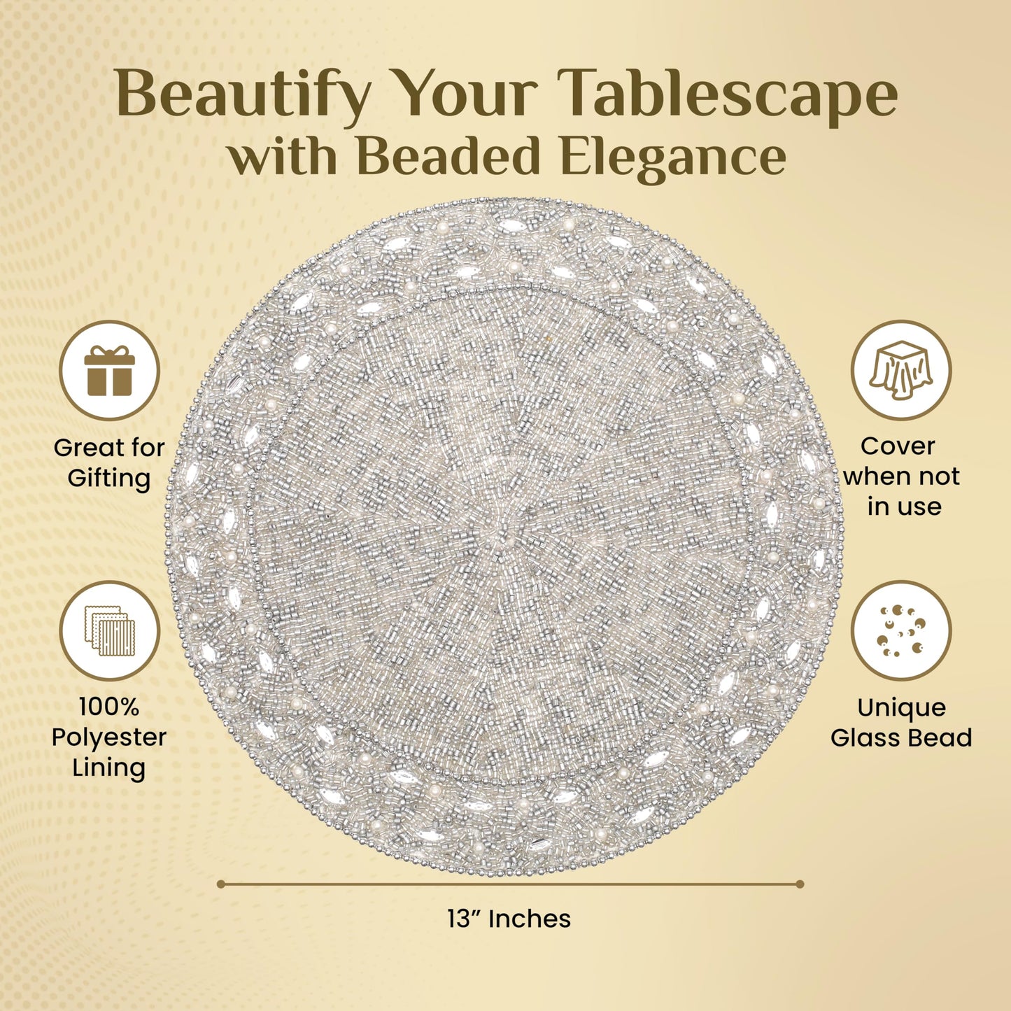 13" Round Beaded Placemat - Handcrafted Glass Beads in White Silver - Luxury Dining Table Decor, Wedding & Housewarming Gift, Holiday Use Pack of 1 by ALPHA Living HOME