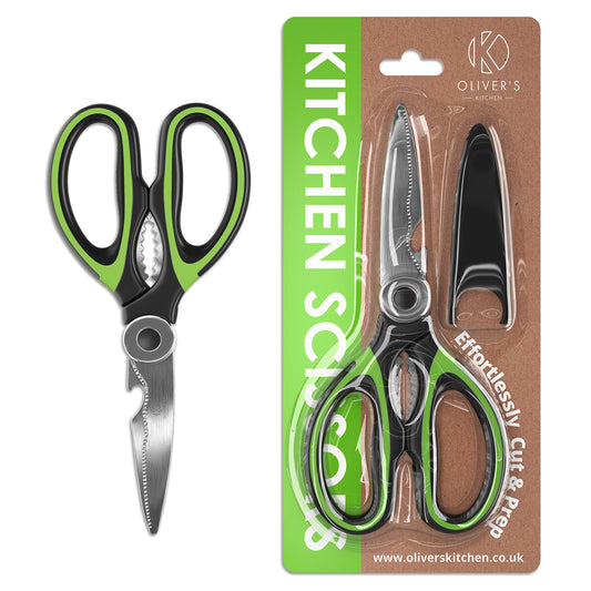 Oliver's Kitchen ® Kitchen Shears - Super Sharp & Heavy Duty Kitchen Scissors - Multifunctional with built in Bottle Opener & Safety Cover