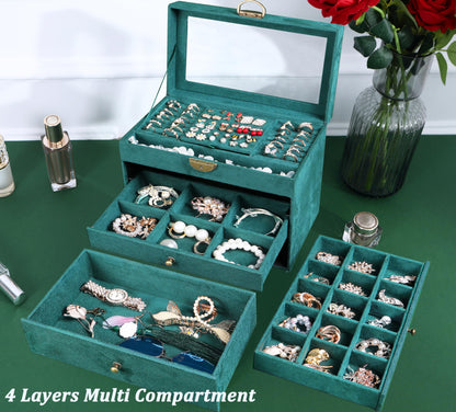 QBestry Large Jewelry Box for Women with Lock,4 Layer Glass Lid Jewelry Organizer with Drawers,Green Velvet Jewelry Storage Organizer Box for Bracelet Ring and Earring Jewelry Box with Sunglass Holder