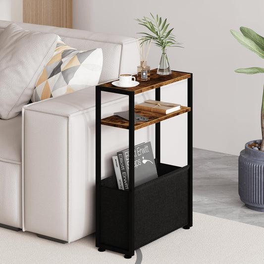 Leomonio Narrow Side Table, Slim End Tables with Fabric Basket, Skinny Table for Small Spaces, Thin Bedside Table for Living Room, Bedroom