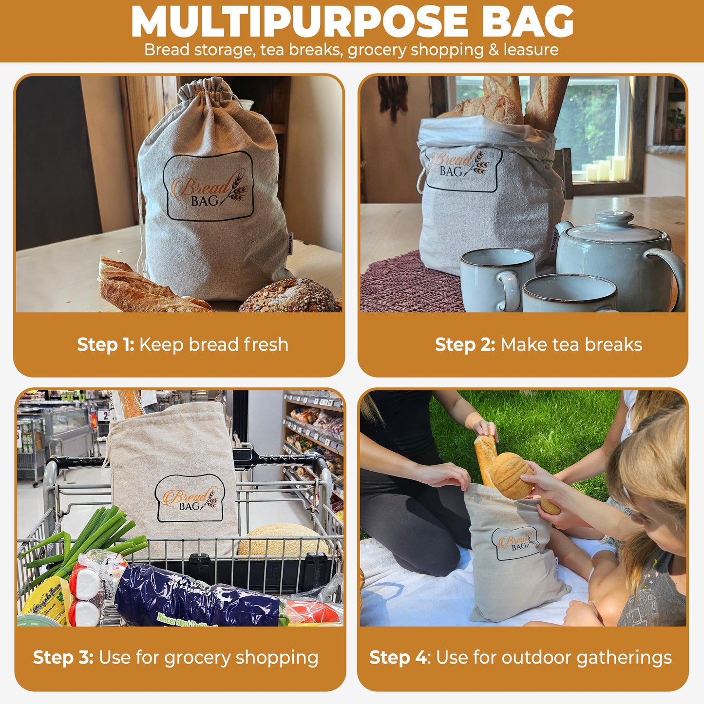 A ARTIZANKA 2 Bread Bags for Homemade and Sourdough Bread, Reusable Cotton Cloth Bags with Plastic Liner and Drawstring, Reusable Food Storage, (2 pack) - 17" x 13" XL