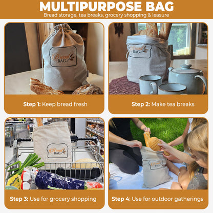 A ARTIZANKA 2 Bread Bags for Homemade and Sourdough Bread, Reusable Cotton Cloth Bags with Plastic Liner and Drawstring, Reusable Food Storage, (2 pack) - 17" x 13" XL