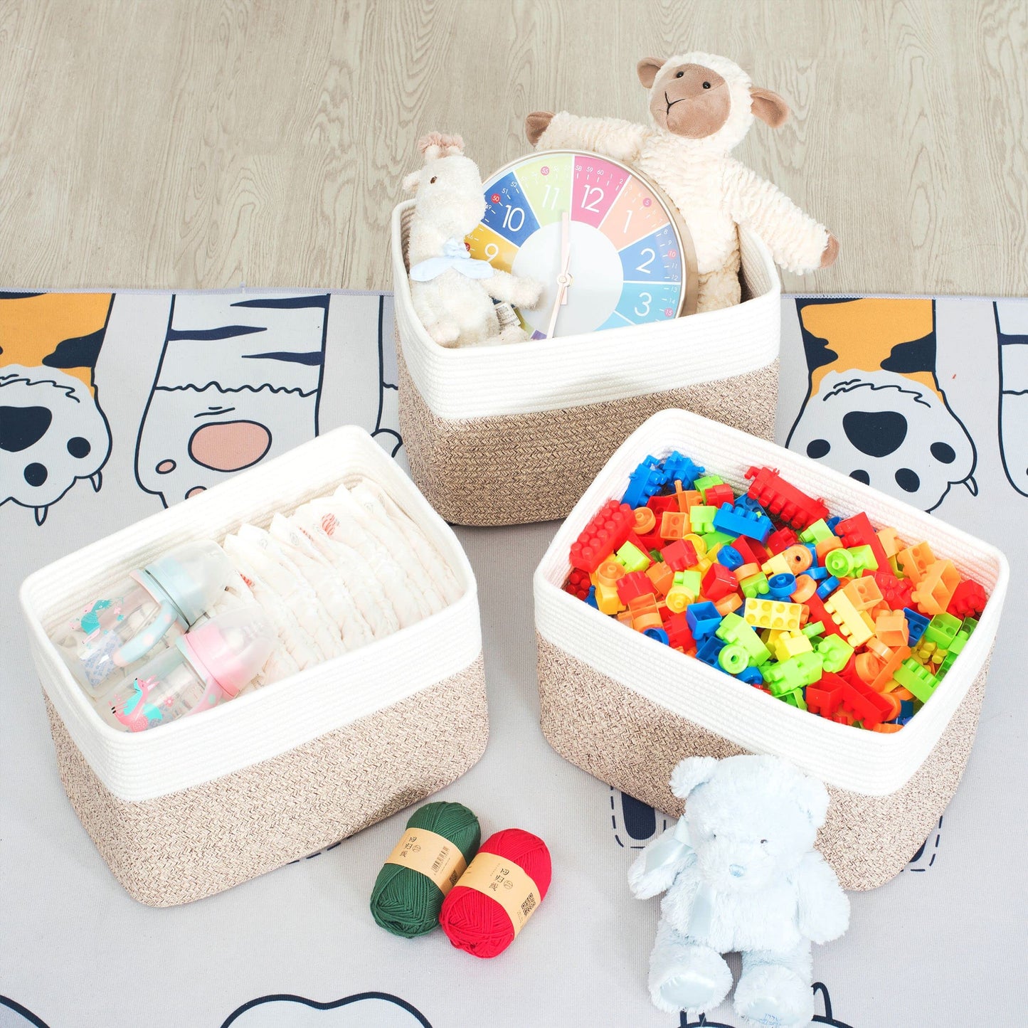 MINTWOOD Design 3-Pack Storage Baskets for Shelves, Playroom and Classroom Basket, Book Decorative Cube Bins, Woven Closet Organizers, Baby Nursery Baskets, Light Brown