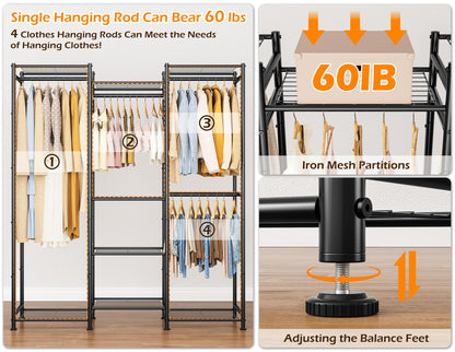 HOMIDEC Wardrobe Closet, 4 Hanging Spaces Portable Clothes Rack,Free Standing Closet Organizer and Storage System with Hanging Rods,Clothing Rack Suitable for Cloakroom,Bedroom,Entrances,etc.Black