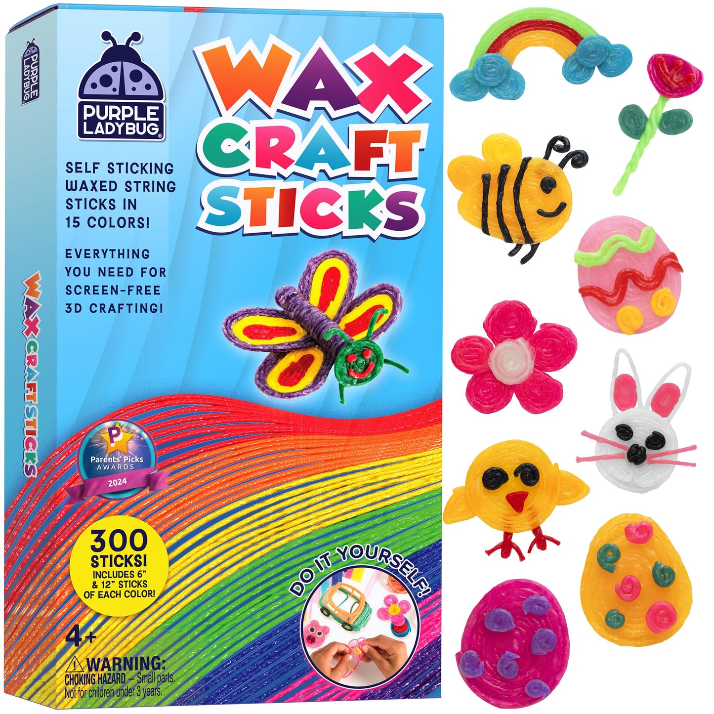 PURPLE LADYBUG Bendable Wax Craft Sticks for Kids - 15 Colors, 6&12 Inches, 150 Each - Kids Camping Essentials, Summer, Road Trip Activities, Travel Toys for Toddlers in Car, Airplane & Restaurant