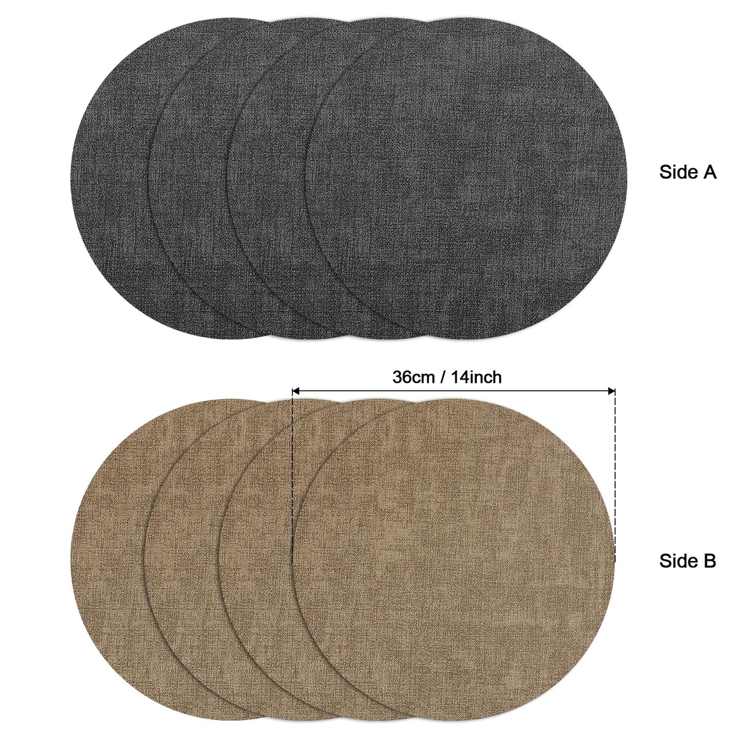 Myir JUN Round Dual-Sided Placemats, Faux Leather Set of 4 for Indoor and Outdoor Dining Tables, Non-Slip Washable Table Mats (Gray Beige)