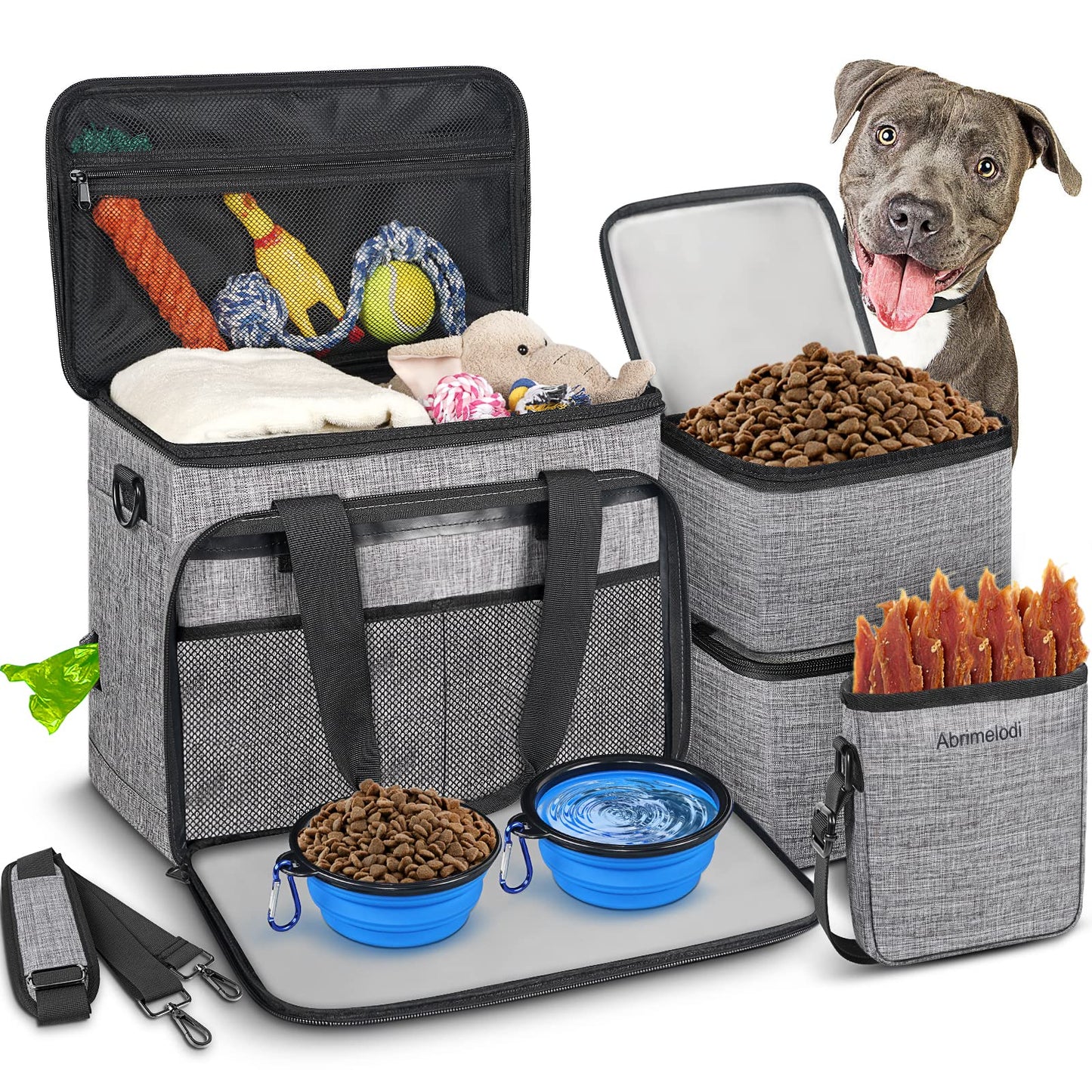 6 Set Dog Travel Bag, Large Pet Travel Kit for Supplies Includes 2 Food Containers, 1 Travel Organizer for Dogs, 2 Collapsible Bowls, 1 Treat Pouch, Dog Weekend Overnight Travel Bag Luggage