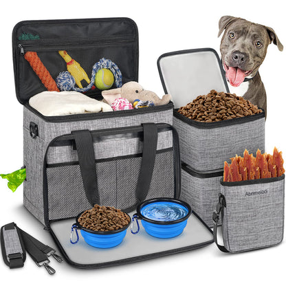 6 Set Dog Travel Bag, Large Pet Travel Kit for Supplies Includes 2 Food Containers, 1 Travel Organizer for Dogs, 2 Collapsible Bowls, 1 Treat Pouch, Dog Weekend Overnight Travel Bag Luggage