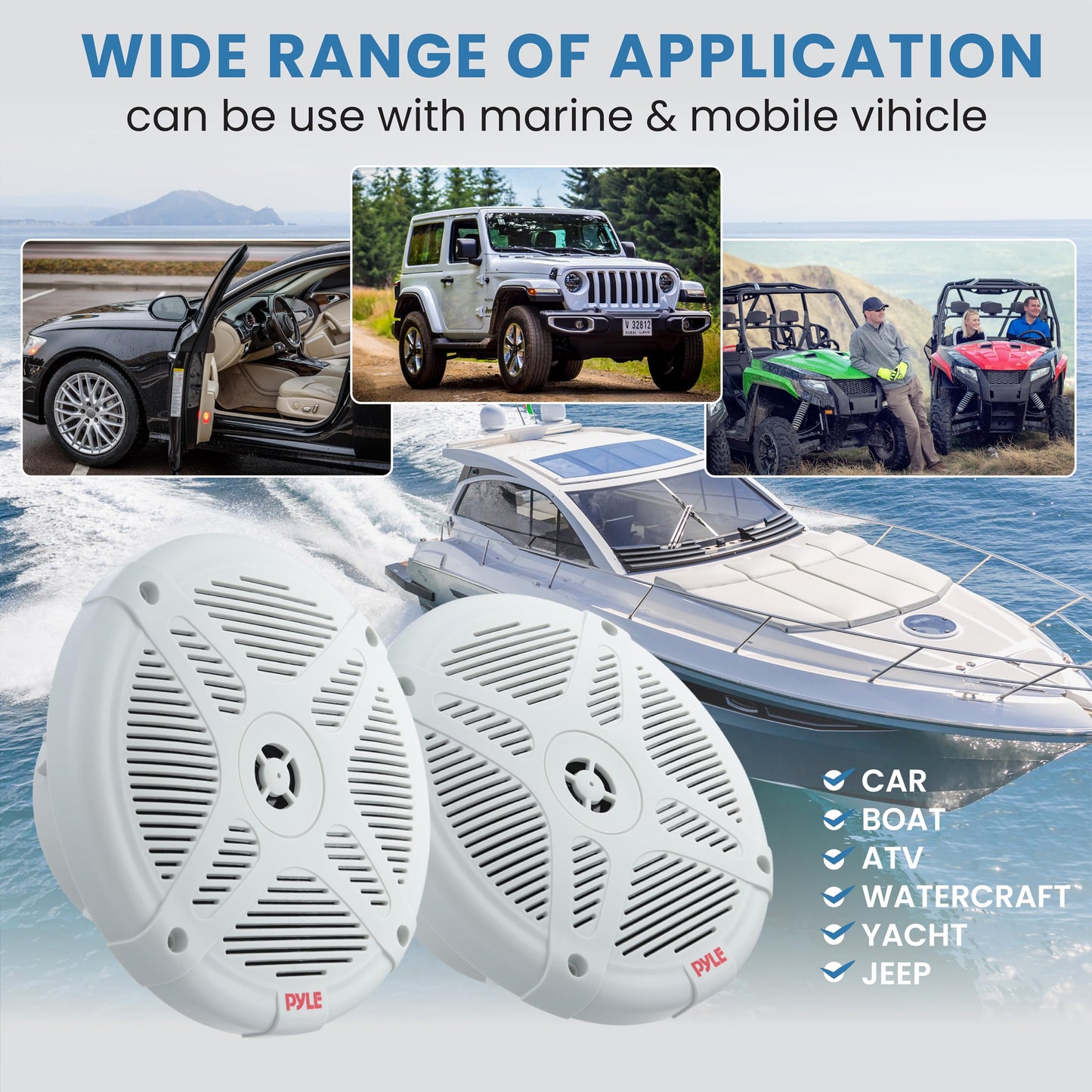 Pyle 6.5 Inch Marine Speakers (Pair) - 2-way IP-X4 Waterproof and Weather Resistant Outdoor Audio Dual Stereo Sound System with 600 Watt Power and Low Profile Design - Pyle PLMR652W (White)