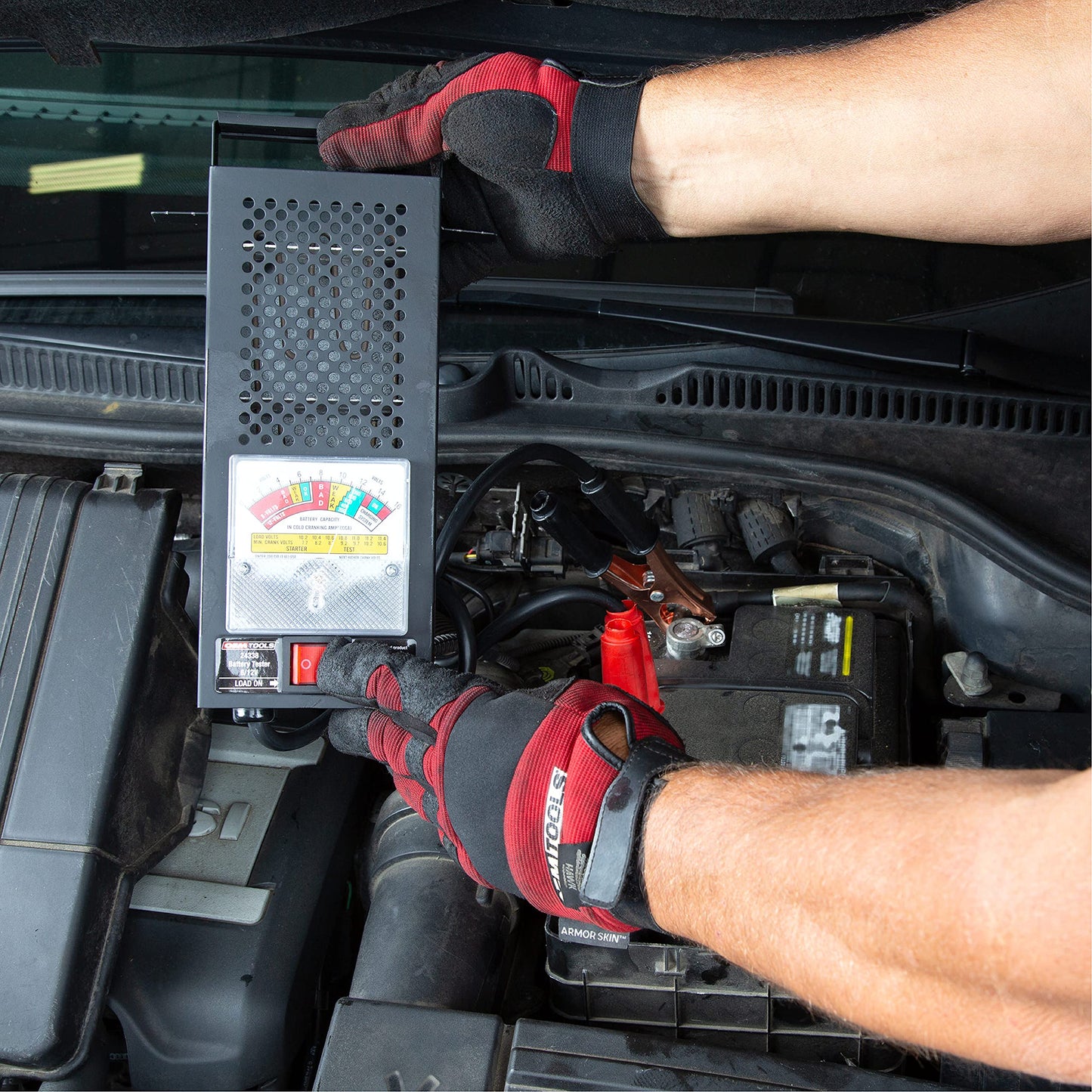 OEMTOOLS 24338 Battery Load Tester, Battery Tester 12V Automotive, Easy-to-Read Car Battery Tester, Heavy Duty Clamps, Shock Resistant Meter, Housed in Sturdy Steel Case