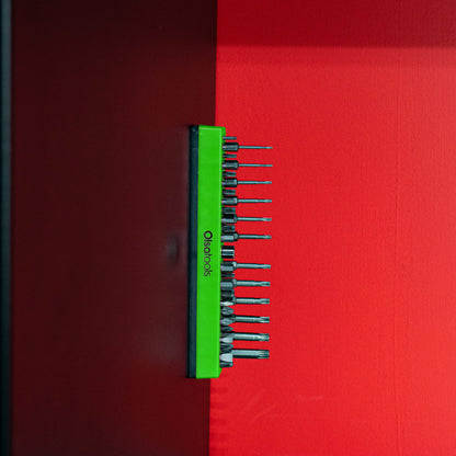 Olsa Tools Hex Bit Organizer with Magnetic Base - Green Holder for Drill, Tamper, and Specialty Bits - Compact Magnetic Storage Solution - Part 1140