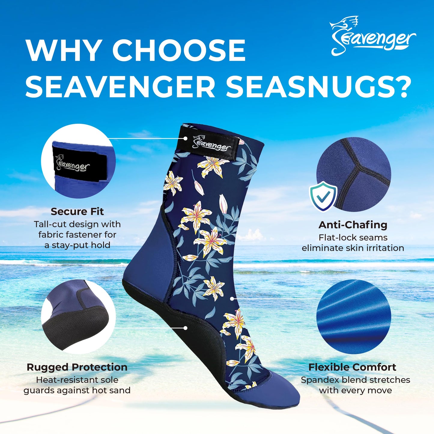 Seavenger High Cut Beach Socks with Grip Sole for Sand, Volleyball, Snorkeling, Diving, Wading (Black, 4X-Small)