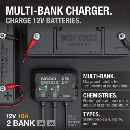 NOCO Genius GEN5X2: 2-Bank, 10A Onboard Battery Charger - 5A Per Bank, 12V Waterproof Marine Charger with Overcharge Protection & Temperature Compensation – for Lead-Acid & Lithium Batteries