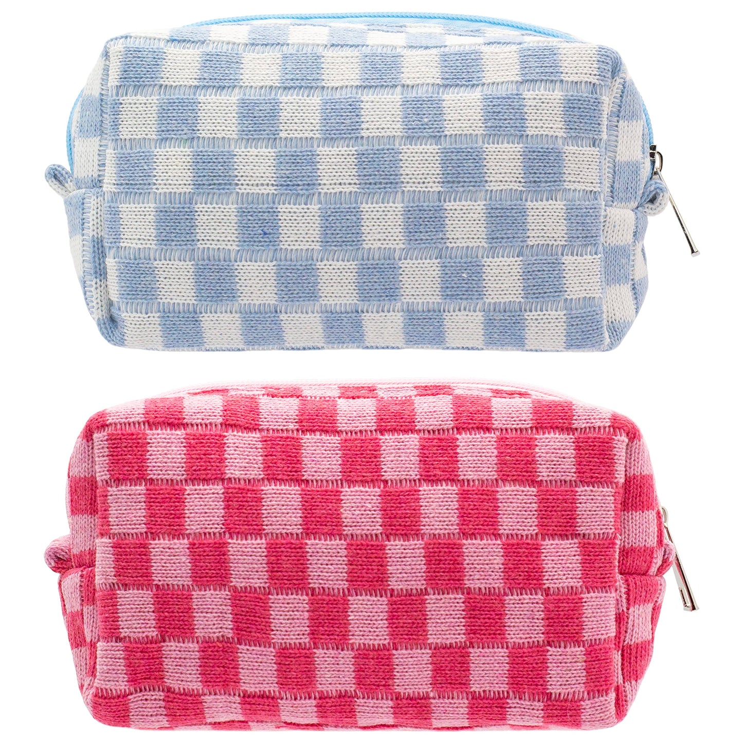 PAZIMIIK Checkered Makeup Bag for Purse Portable Zipper Make Up Pouch Small Cosmetic Case for Travel Accessories (2PCS Blue Hotpink)